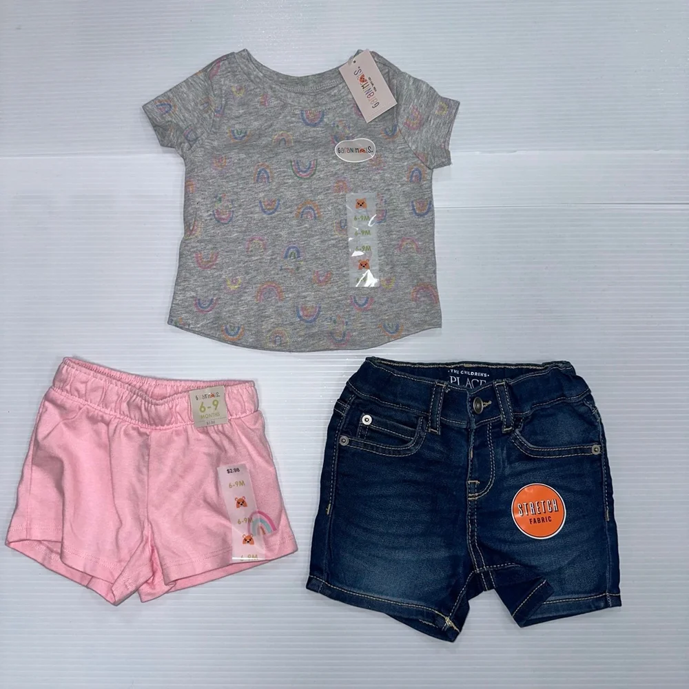Baby Girl Garanimals Children’s Place Pink 2 shorts 1 shirt NWT 6-9 M Lot NEW
